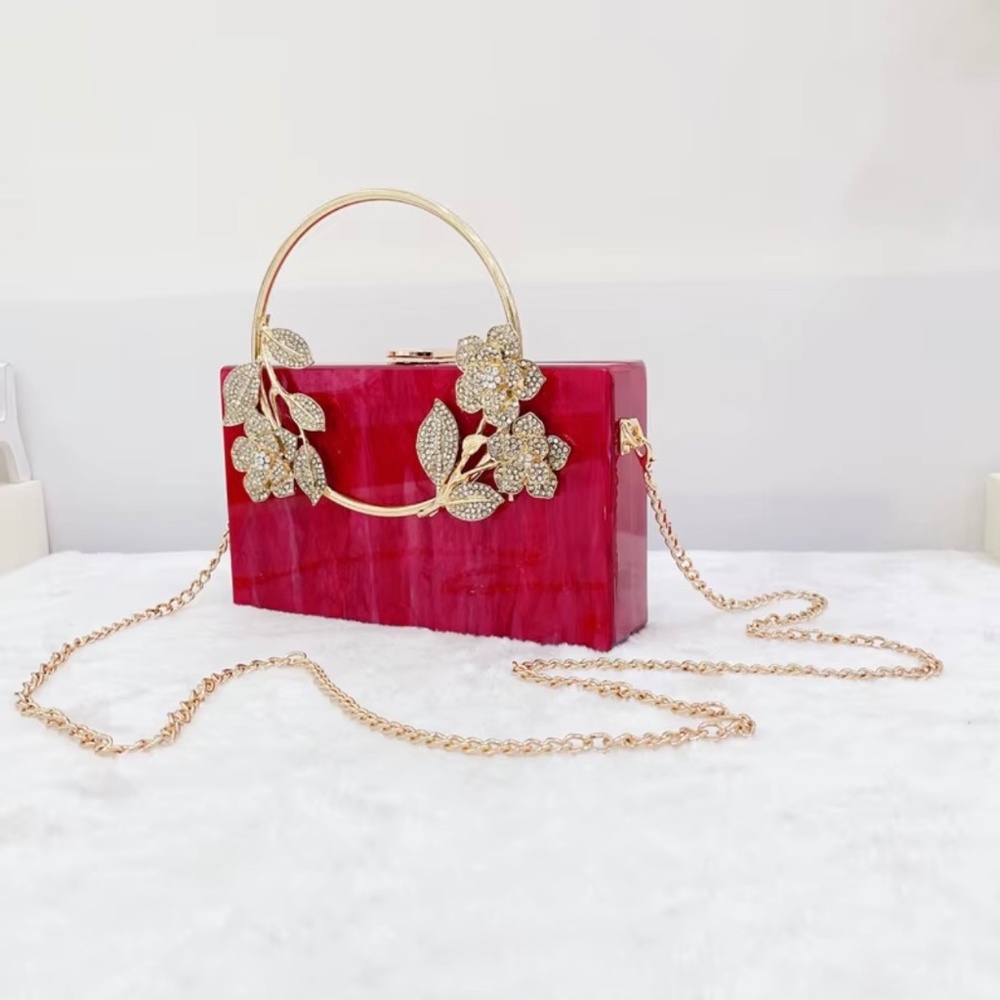 #B008  Red Acrylic  Bold Elegance  Marble  Rhinestones Gold Floral Handle Clutch - Picture 4 of 5